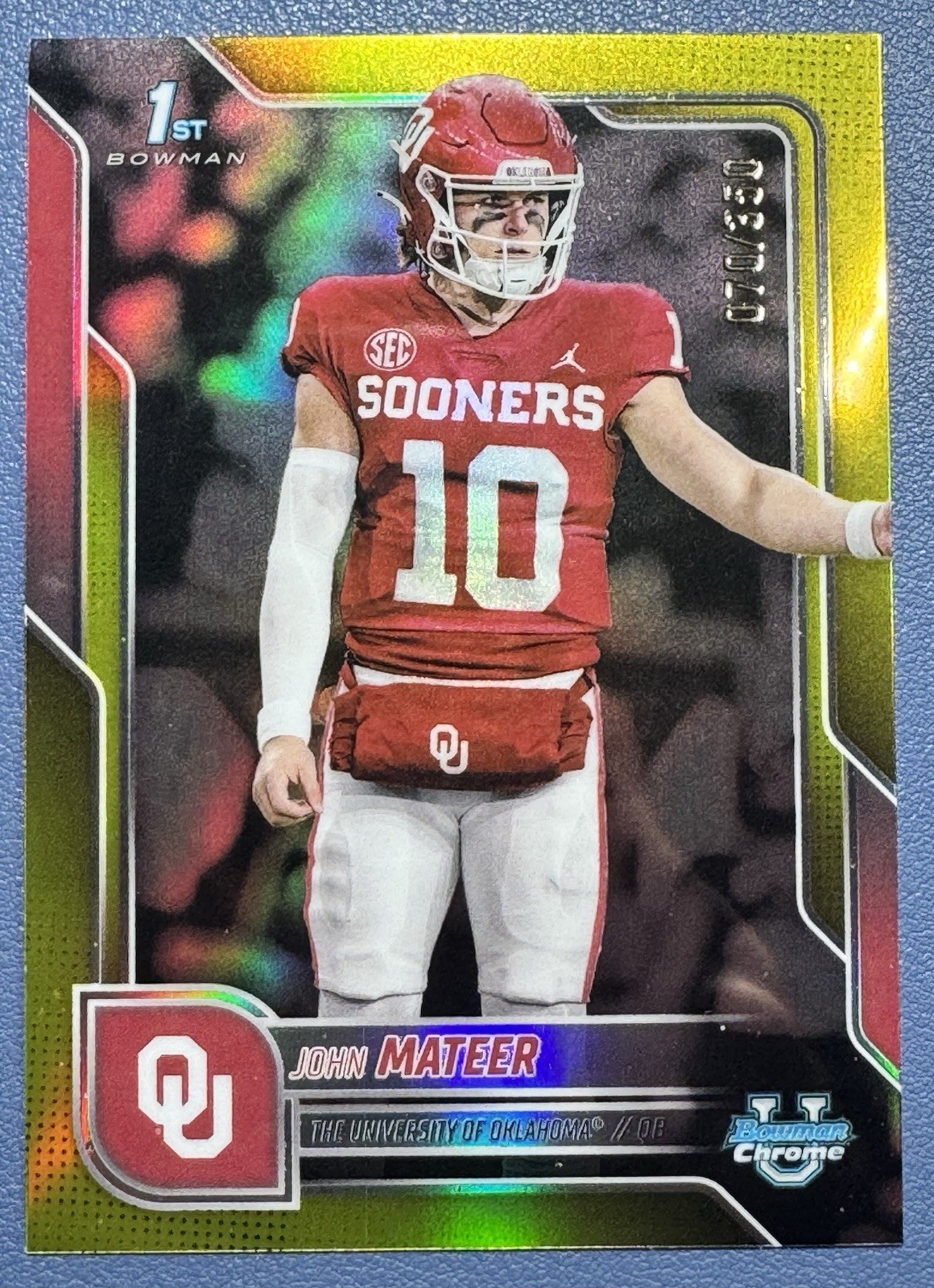 John Mateer 2025 Bowman University Chrome #1 Yellow Refractor /350 (RC) OU
