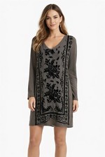 Hale Bob Burn Out Velvet Dress Women Size M Beaded Black Long Sleeve Silk Blend