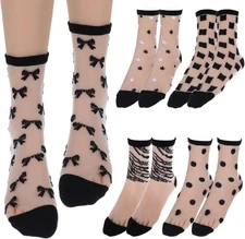 Lusofie 5 Pairs Sheer Black See-Through Socks - Checkered Dot Striped E 