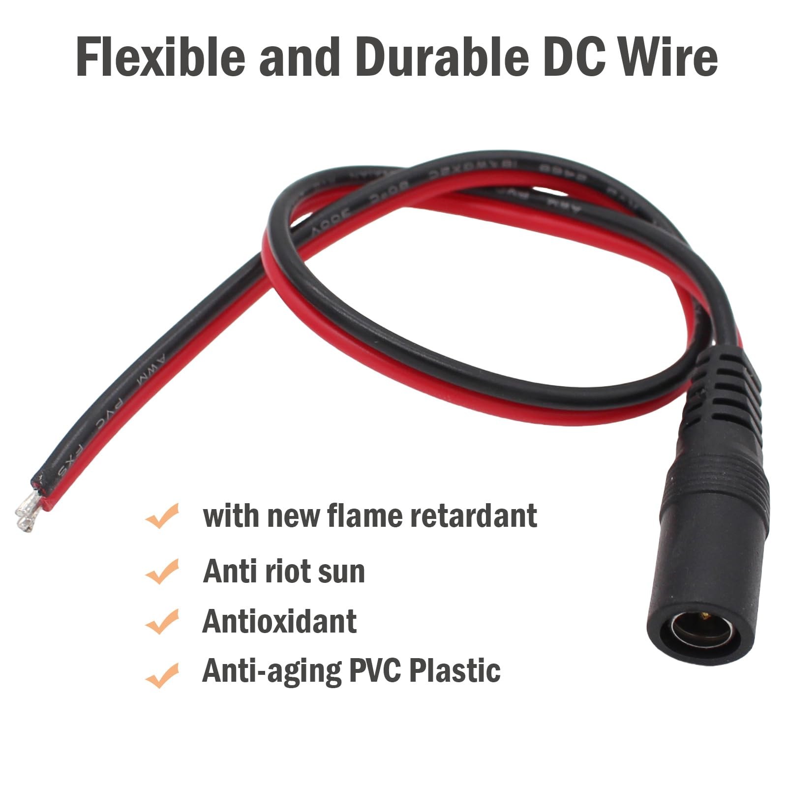 exgoofit 12V 5A DC Power Pigtail Barrel Plug Connector Cable 5 Pairs, 2.1mm x...