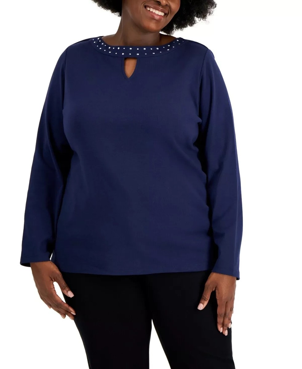 Karen Scott Cotton Rhinestone-Embellished Keyhole-Cutout Top