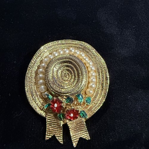 CINER Sun Bonnet Hat Brooch - Enamel Flowers Small Faux Pearls Gold Tone