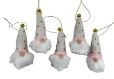 Mini Gnome Pink  White Plush Valentines Day Ornaments w/Bells Home Decor S/5