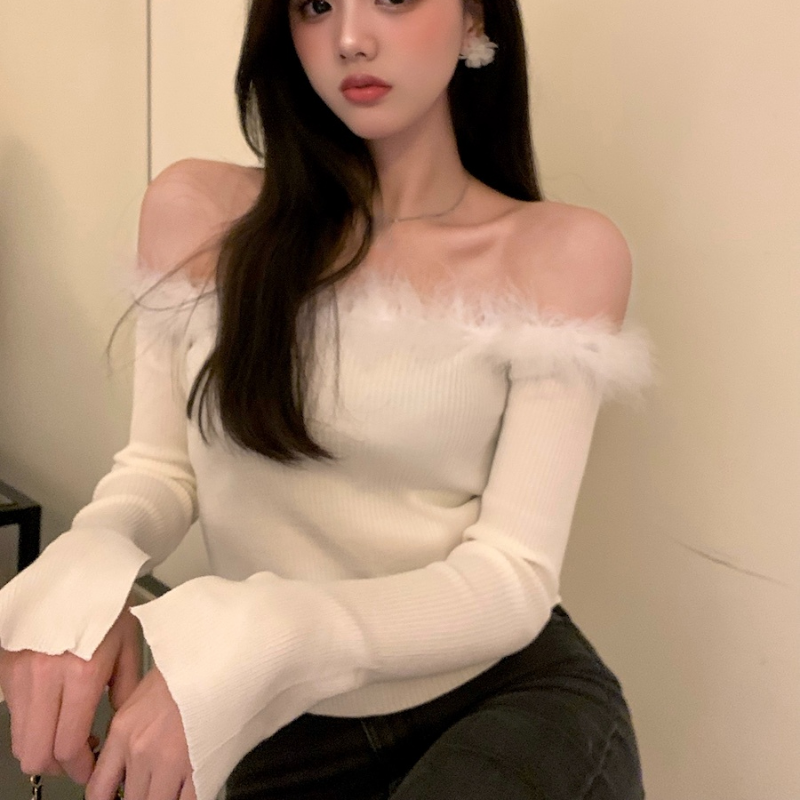 Faux Fur Collar Crop Top Fur Knitwear Off-Shoulder Long Sleeve