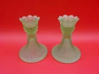 Pair of Fenton Style Green Satin Glass 4" Tall 3" Diameter Candlesticks