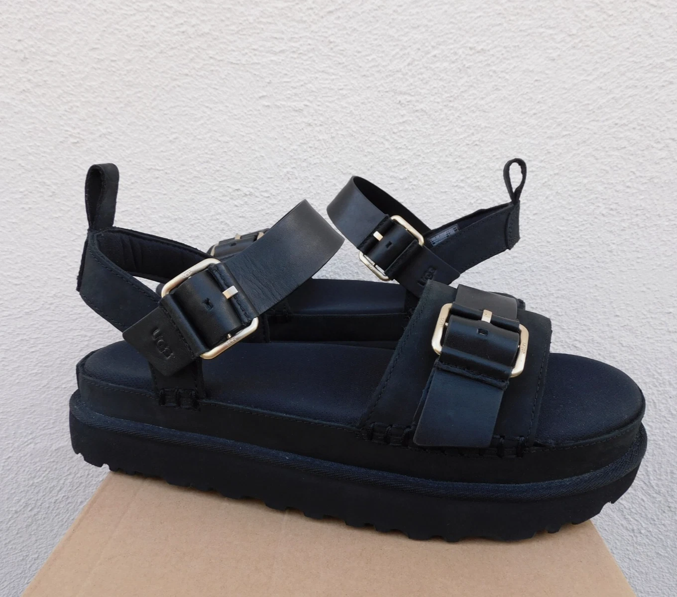 SANDALI UGG PELLE NERA GOLDENS VILLA PLATFORM CON CINTURINO US 11 EUR 42 ~NUOVI CON SCATOLA