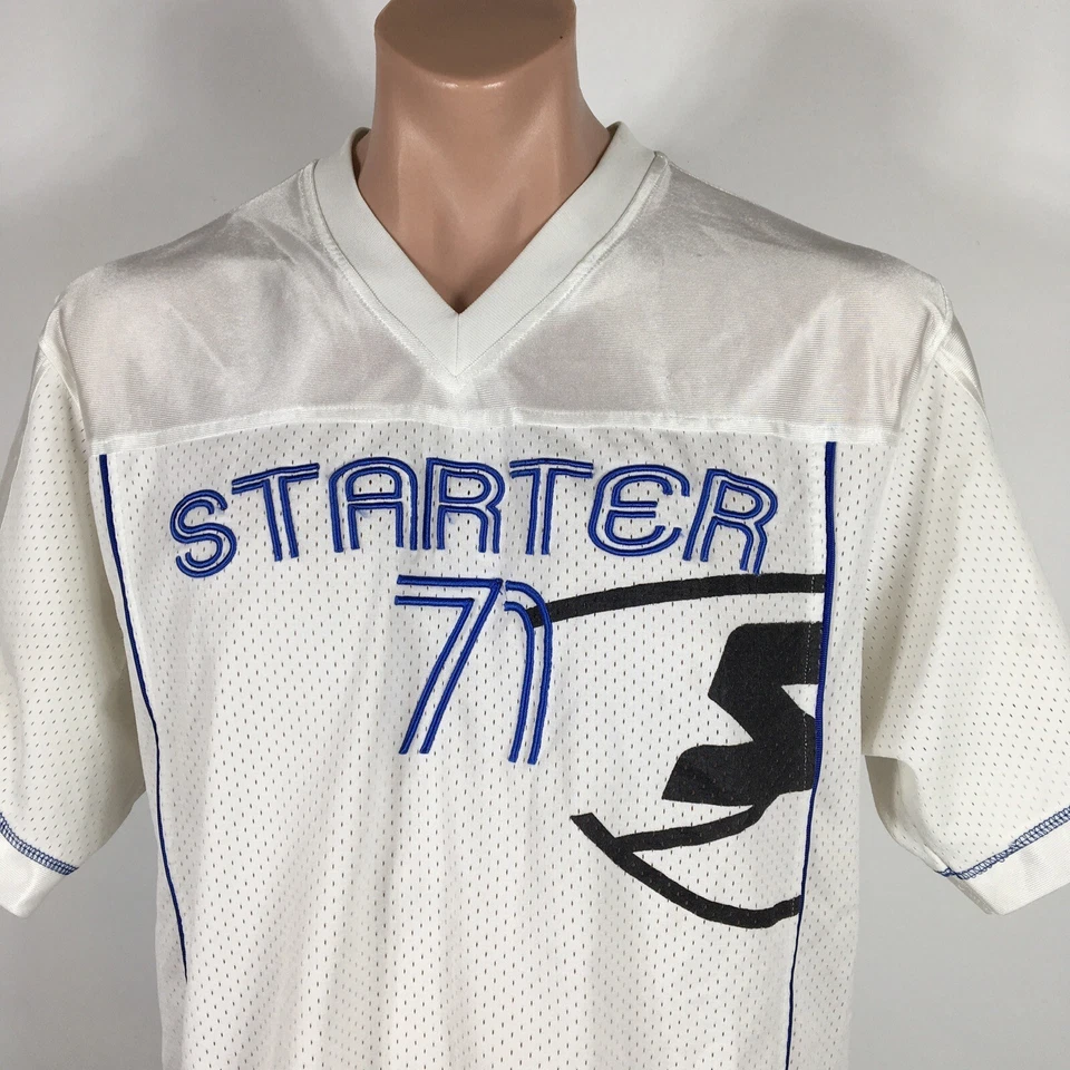 Camiseta de fútbol vintage años 90 marca Starter #71 azul bordada deletreada talla grande Foto 3 de 4