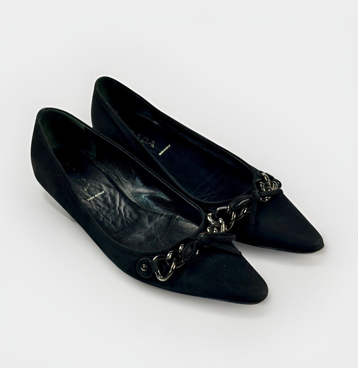 Prada Pointed Toe Velvet Bow Black Leather Suede Size 36.5 Prada Pointed Toe Velvet Bow Black Leather Suede Size 36.5