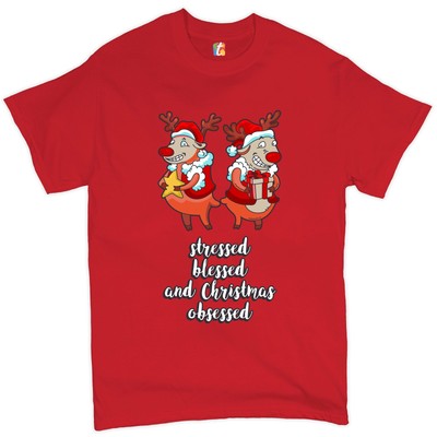 Stressed Blessed and Christmas Obsessed T-shirt Funny Reindeers Men's Tee