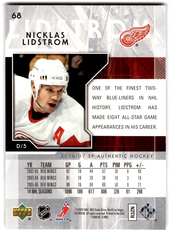 2006-07 SP Authentic Nicklas Lidstrom #68 Detroit Red Wings - Image 2 of 2
