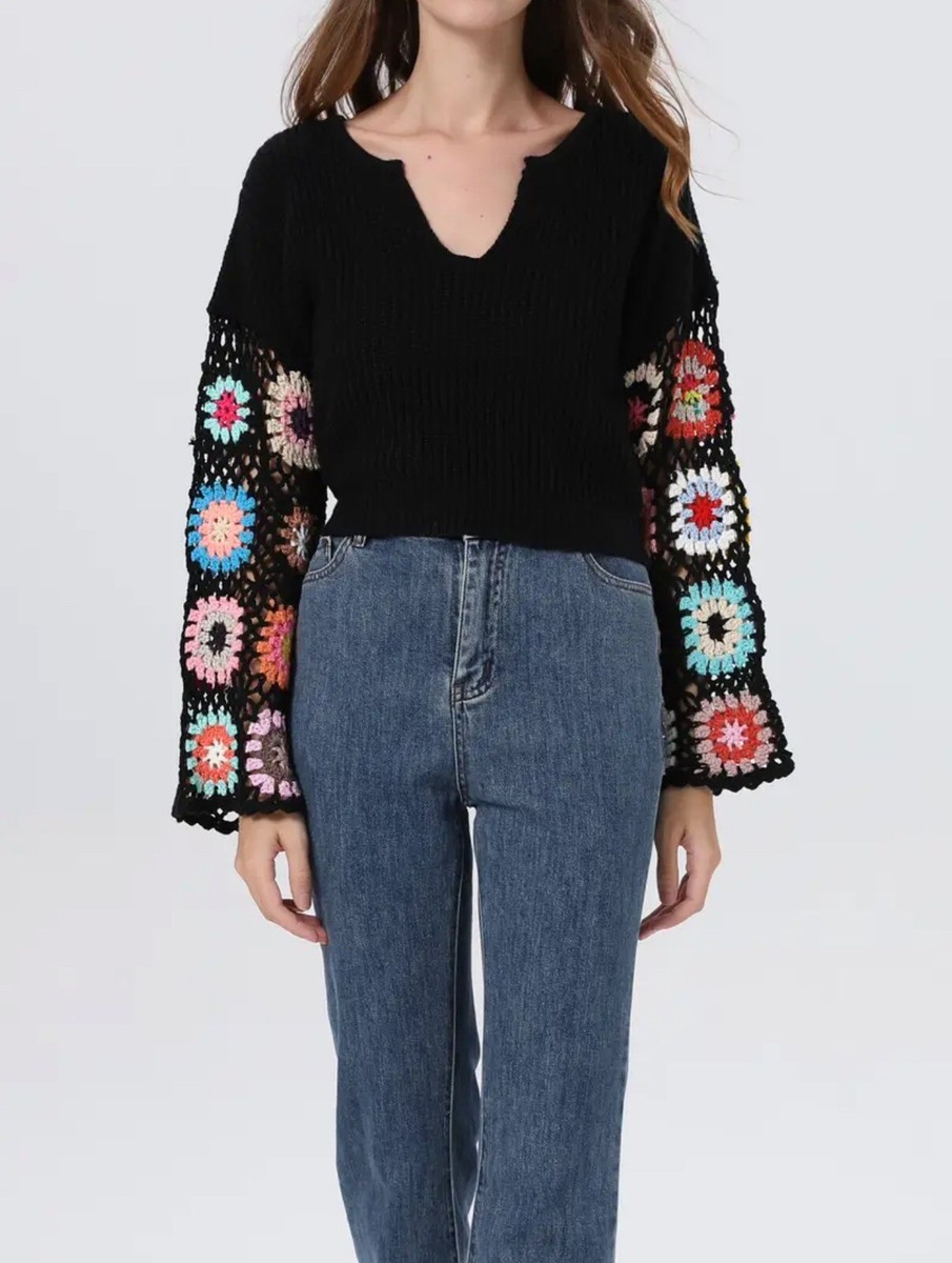 Women Crop Sweater Large L Black V-Neck Crochet-Bell Sleeves Stretch  Colorful