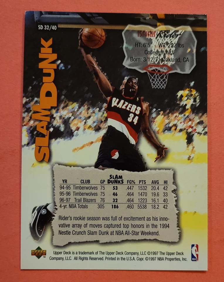 1997 Upper Deck Nestle Slam Dunk #SD32 Isaiah Rider EX - Image 2 of 2