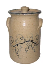 Folk Art Tall Crock Lidded Jar ~ Signed Salt Glaze Blue Vine Decoration Handles