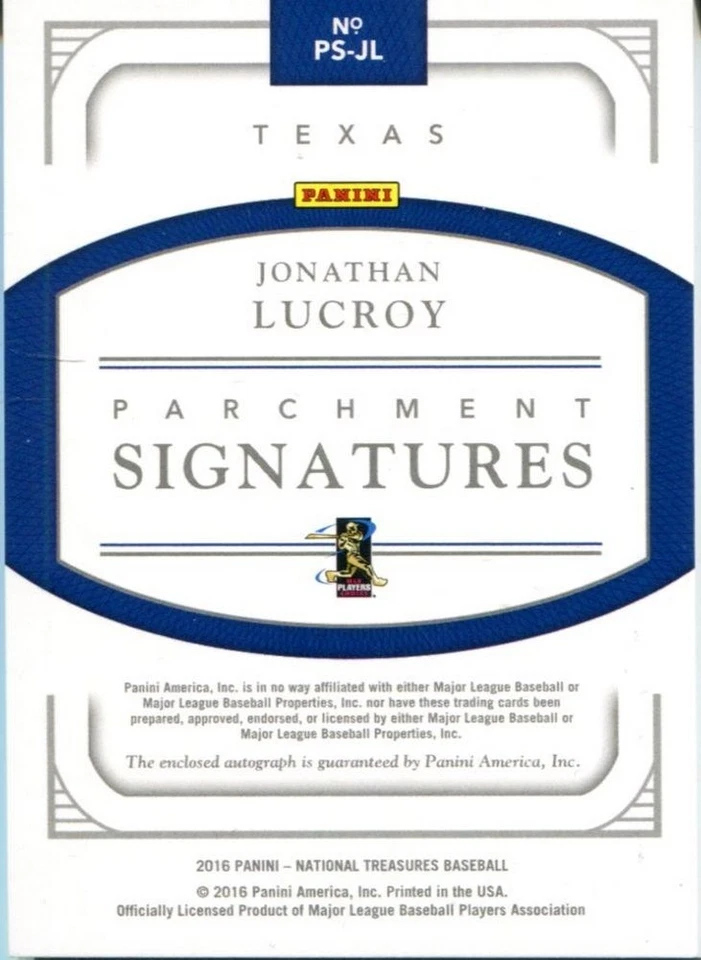 Jonathan Lucroy 2016 Panini National Treasures Parchment Sigs Auto 16/20 Rangers - Image 2 of 2