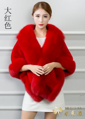 Genuine Real Rex Rabbit W/ Fox Fur Cape Cloak Fur Coat Wedding Fur