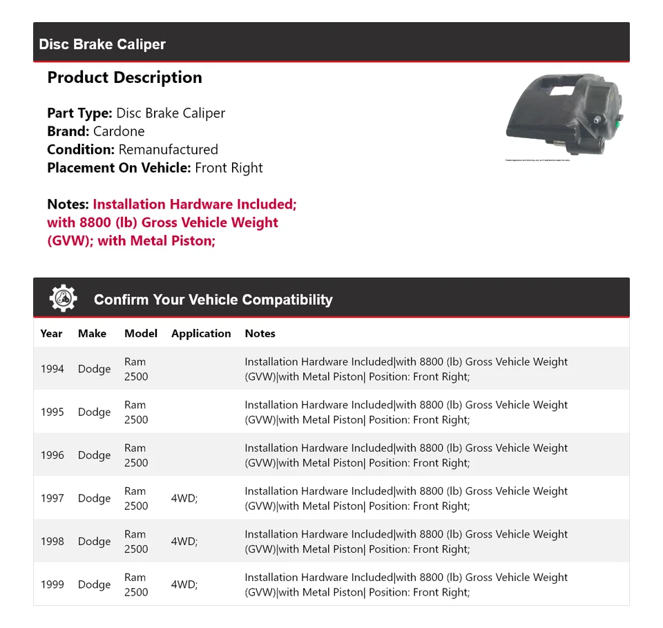 Pinza de freno de disco delantera derecha Cardone 1995 1996 para Dodge Ram 2500 1994-1999 Foto 2 de 4
