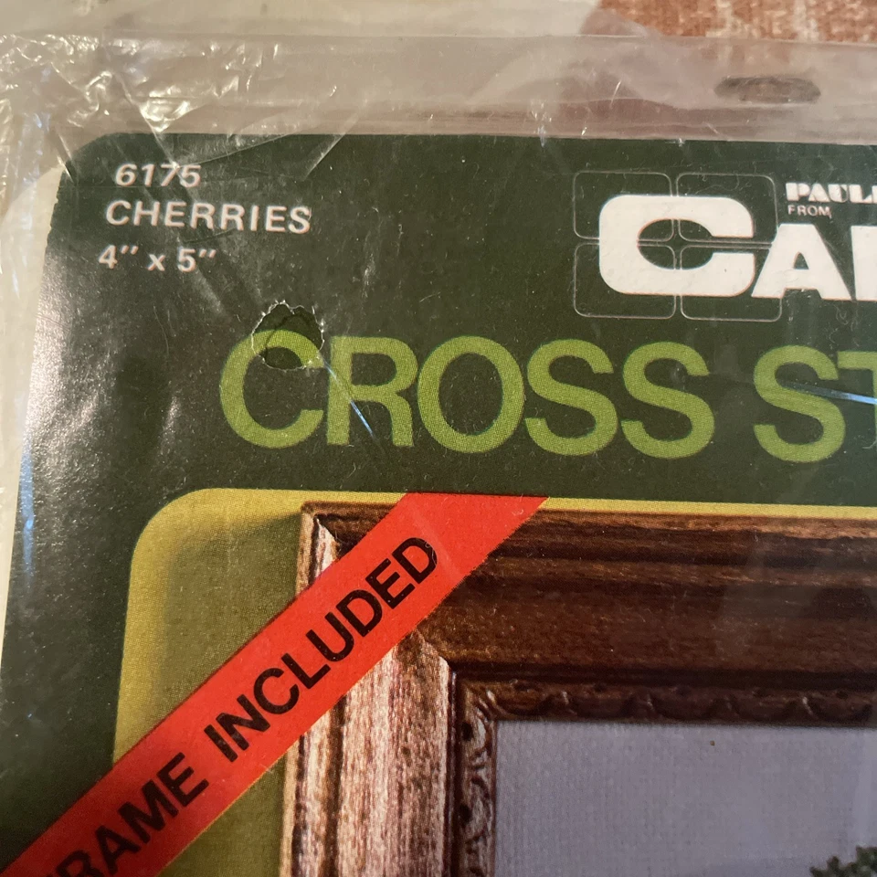 Rare Vintage 1975 NEW IN PACKAGE Caron Cherries Cross Stitch Kit With Frame 4x5’ - Image 3 of 4