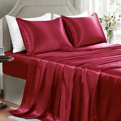 Full Burgundy Satin Bed Linen Set Soft Durable Elastic Deep Pocket 4pc