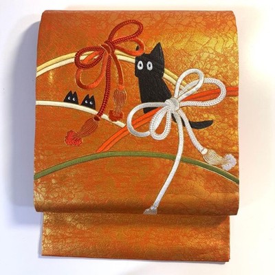 Japanischer Kimono Nagoya Obi Gürtel Seide Katze Gold Koma Stickerei...