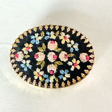 Mid Century Petit Point Multicolor Flowers West Germany Brooch pin 1.5" VTG
