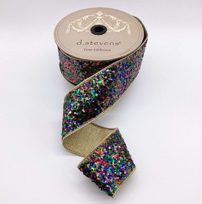 New! Cirque Glitter Ribbon With Emerald Green, Red & Blue:  2.5'' x 10 yds