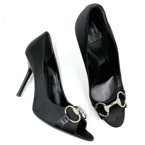 Escarpins Gucci noirs Horsebit satin cristal bout ouvert talons aiguilles taille 7,5