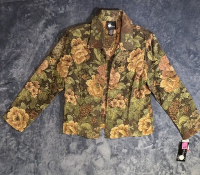 First Option Petite Zip Front Floral Collared Jacket Lined NWT Green 12P