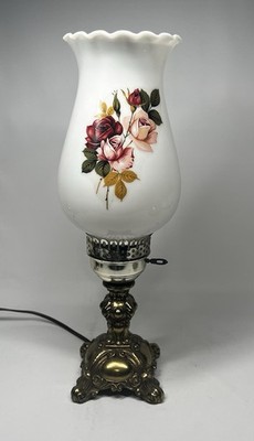 Vintage Floral Milk Glass Table Lamp w/ Ornate Brass Base   Rose Design   Works
