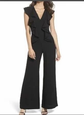 C/MEO Collective Metal Clouds Women's Ruffle Jumpsuit Black Crepe Flared Hem XS