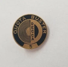 Rare HTF Vintage Decca Records Quota Buster Pin Screw Back Year 5