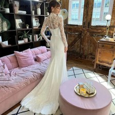 Elegant High Neck Mermaid Wedding Dresses Long Sleeve Buttons Back Lace Customed