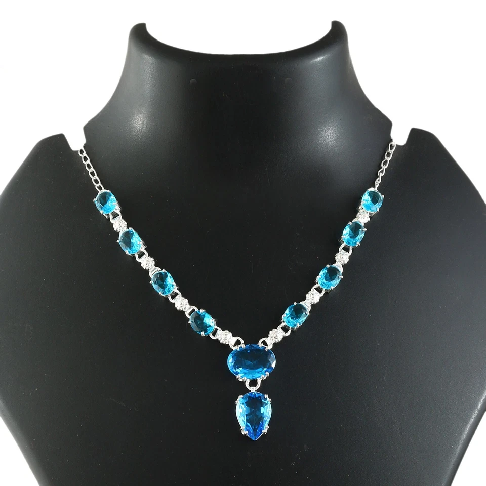 Gargantilla ajustable collar joyería 18" con piedras preciosas de cuarzo topacio azul 18" Foto 2 de 3