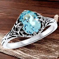 GENUINE 2 CT BLUE TOPAZ 925 STERLING SILVER VICTORIAN STYLE FILIGREE RING  416X