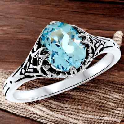 GENUINE 2 CT BLUE TOPAZ 925 STERLING SILVER VICTORIAN STYLE FILIGREE RING   416X