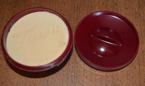 VTG RED BURGUNDY Baklelite Shaving Soap Bowl FAWN UNUSED SOAP