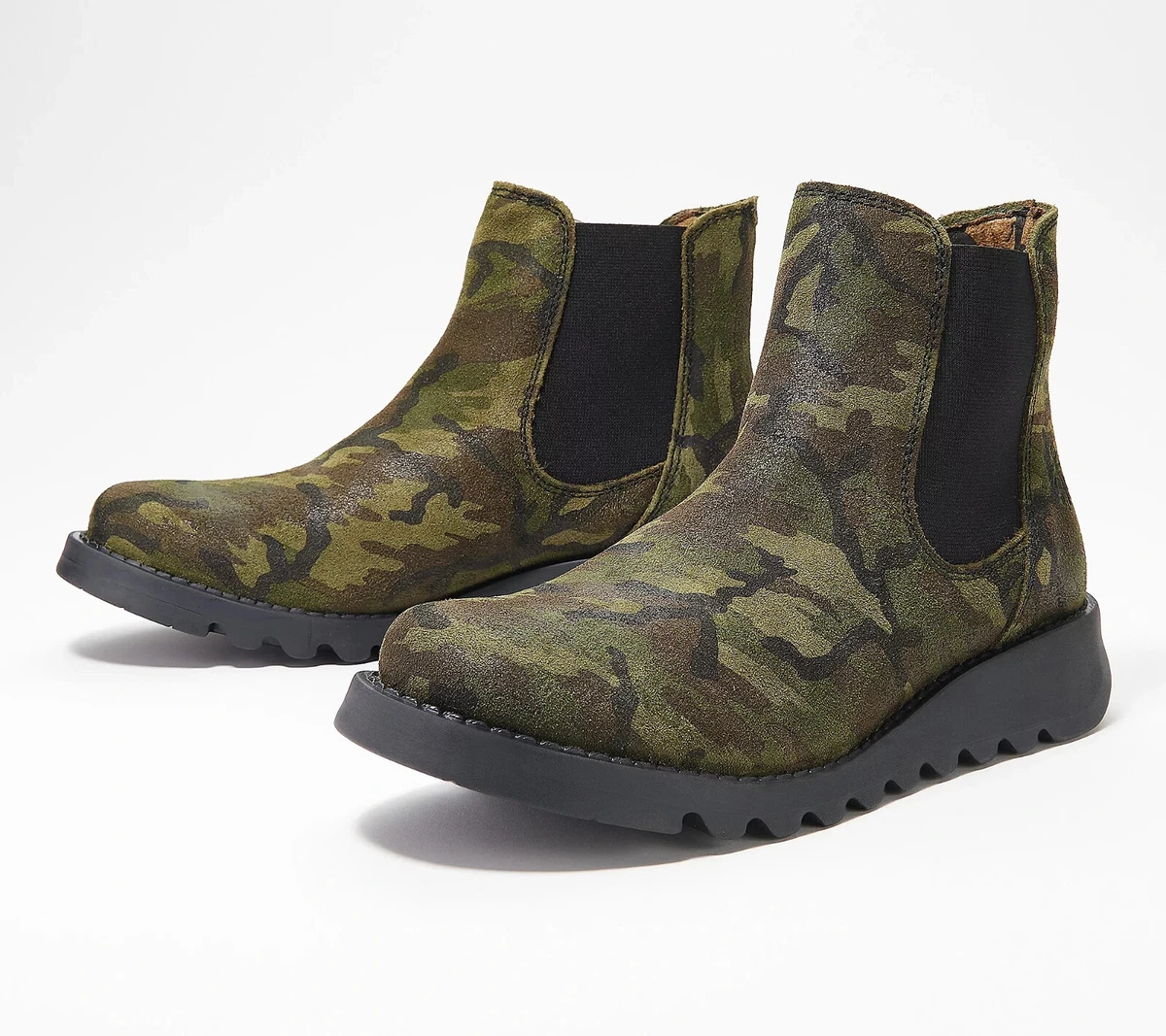 FLY London Salv Leather Chelsea Boots in Military Green Camo Size