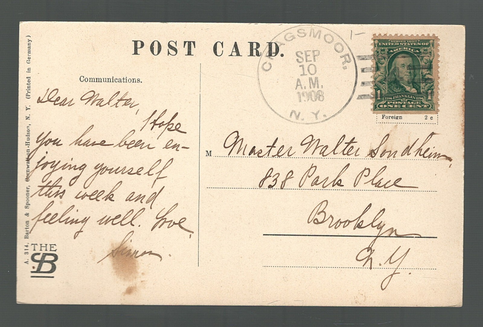 Postcard Pulpit Rock Bear Hill Cragsmoor New York to Brooklyn 1908 eBay