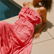 Anthropologie Pink Tiered A-line Maxi Dress Coral Flowy NWT XS Toe Strap Ruffle