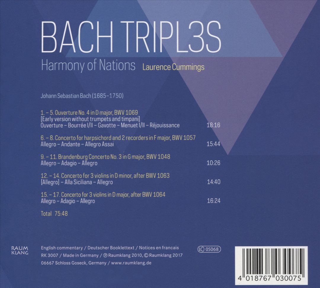 HARMONY OF NATIONS / LAURENCE CUMMINGS BACH: TRIPL3S NEW CD