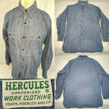Vtg 40s 50s Mens Medium Sears Hercules Button Chambray Long Sleeve Work Shirt