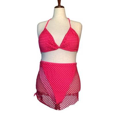 Hot Pink 3 Piece Fishnet Bikini Set with Mesh Skirt Cover Up 2XL Plus Size