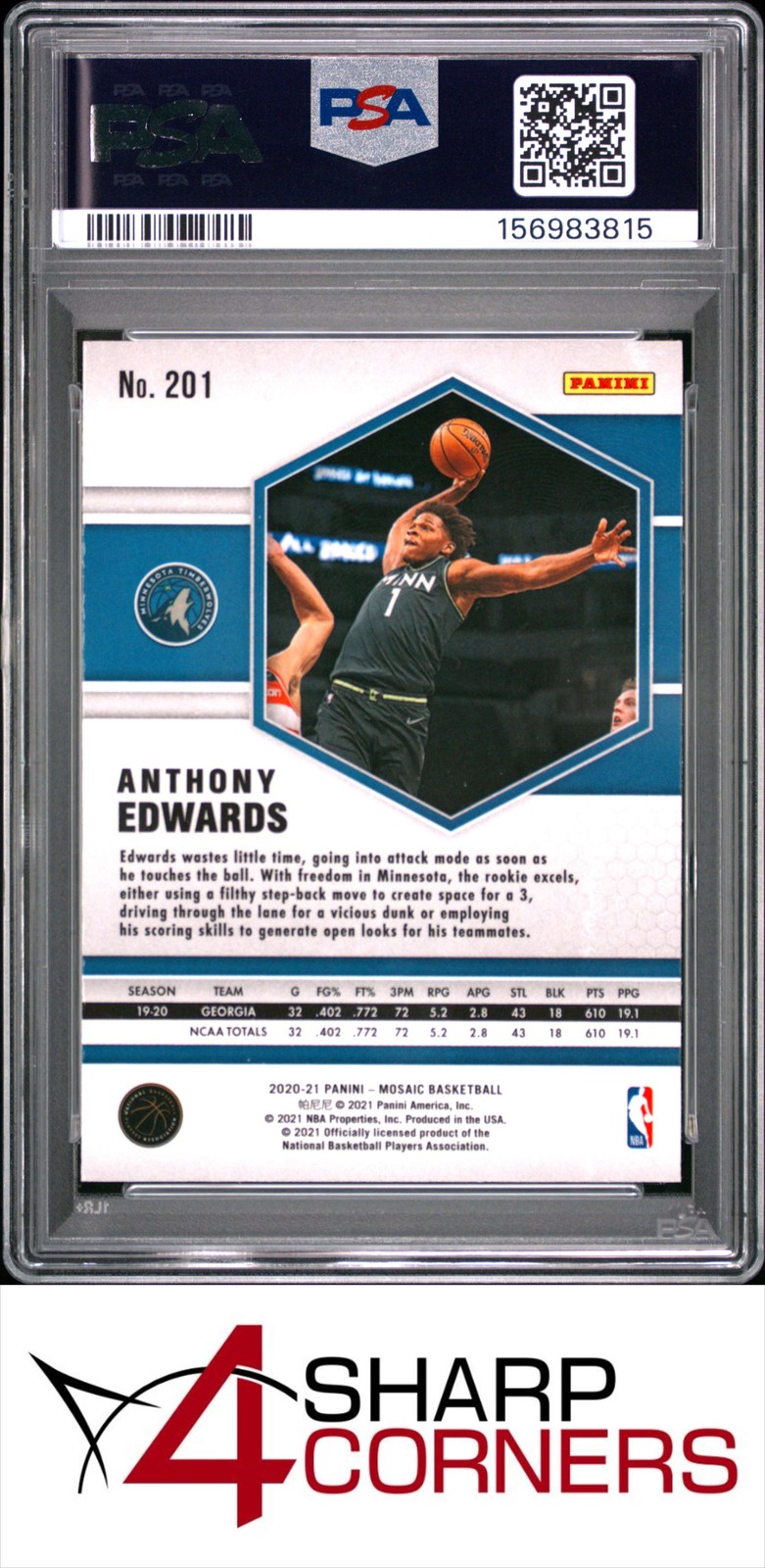 2020 PANINI MOSAIC #201 ANTHONY EDWARDS RC TIMBERWOLVES PSA 9 view 2