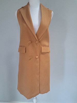 NWOT YuZhe SzM/8/10 Estimated Long Line Camel Vest Lined Pockets Double Breasted