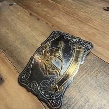 Vintage Nickel Silver Western Belt Buckle Engraved Floral Bucking Bronco Horse