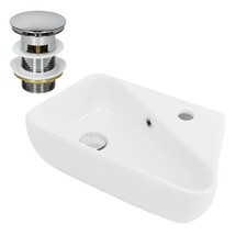 Lavabo bagno angolare in ceramica con troppopieno e piletta ottone 450x270x130mm