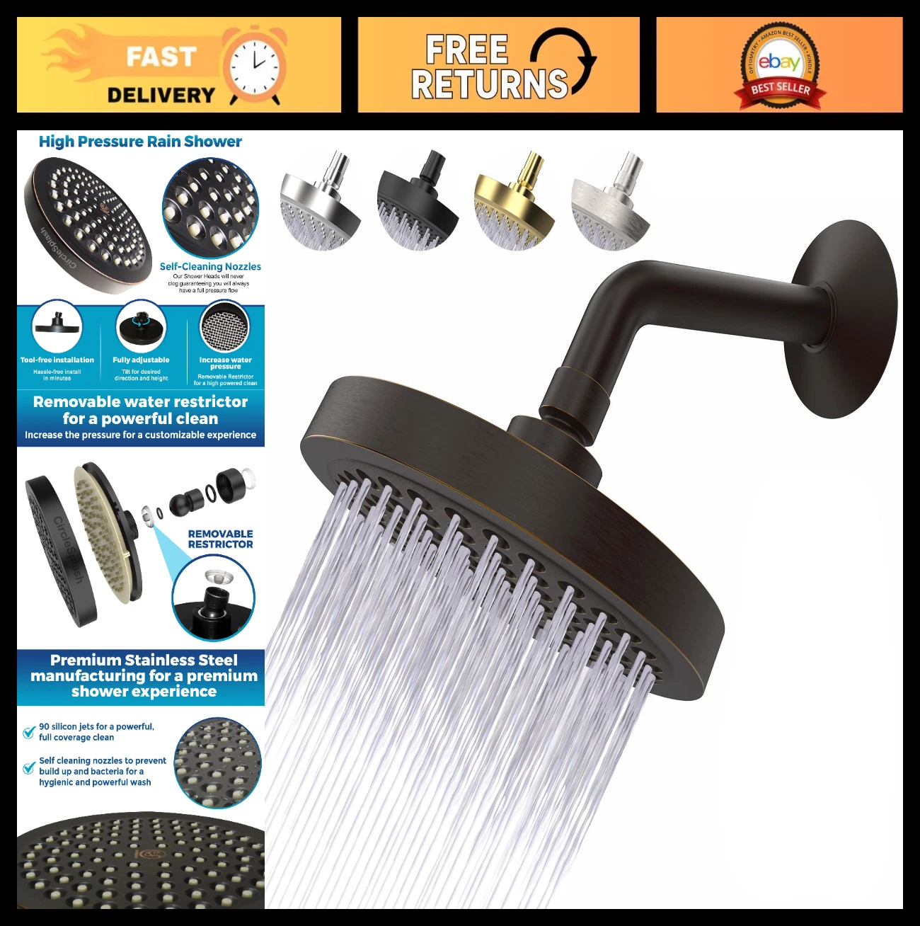 High Pressure 6-Inch Rainfall Shower Head, 2.5 GPM, Anti-Clog Nozzles, Easy Inst