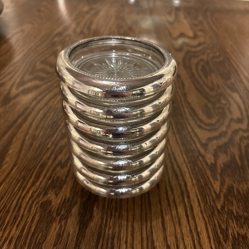 Set of 7 FRANK WHITING Sterling Silver & Crystal Glass COASTERS Beaded Rim #4