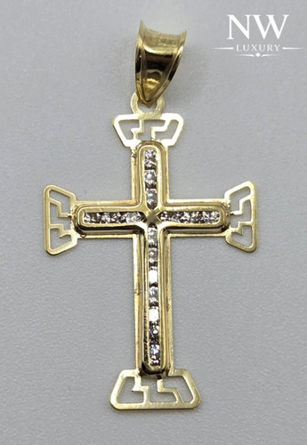 NEW Solid 10K Yellow Gold Cross Pendant 1" Pave CZ Stones 3.5mm Bail