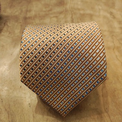 Pronto Uomo 100% Silk Men s Tie Brown/Blue/Gol Geometric Stripe Classic Dress