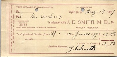 1899 Clyde NY Doctor Bill J. E. Smith MD Medical Receipt W. A. Burt Ephemera